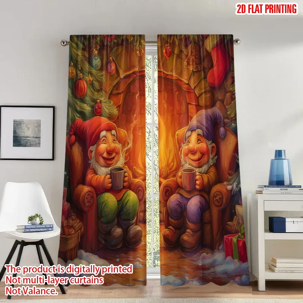 

2pcs 2D flat printing High-Quality Christmas Curtains Cozy Gnomes Fireplace Christmas Drink Digital Printed Polyester Drapes