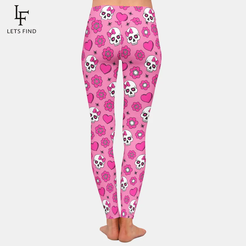 LETSFIND Celana Wanita Gambar Tengkorak Bunga 3D dan Motif Hati Legging Elastis Fitness Pinggang Tinggi Lembut dan Nyaman