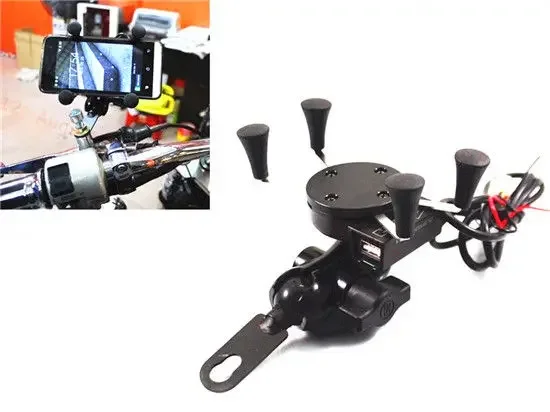 Black Mobile Phone Navigation Frame Holder + USB Charger Motorcycle ATV Street