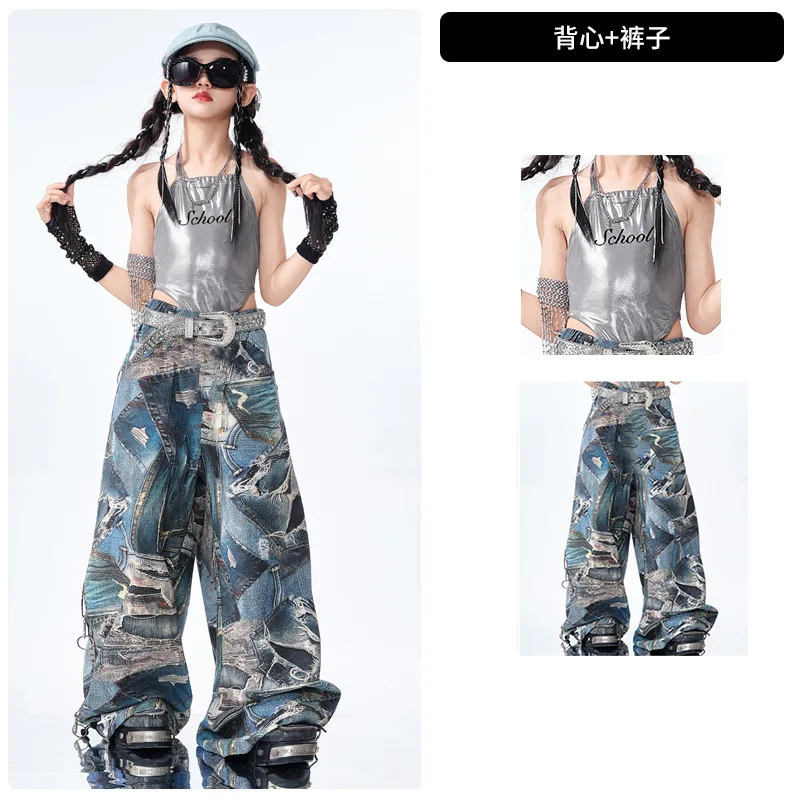 Vestiti per ragazze Hip Hop Bambini Jazz Street Dance Costume Cavallo Gilet argento Pantaloni cimitarra blu Pantalone per bambino Performance Outfit