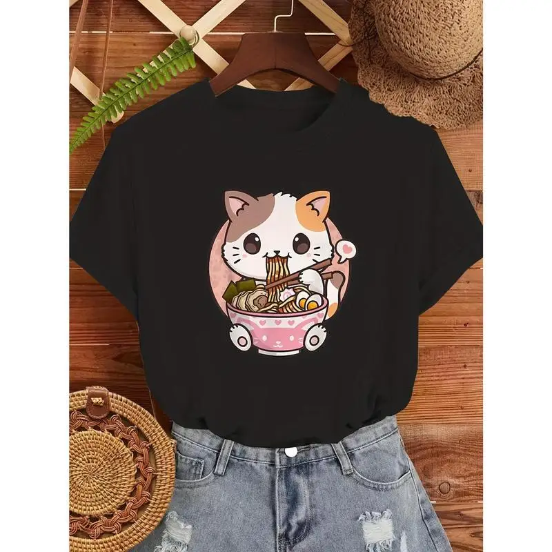 

Kawaii Cat Ramen T-shirt Japanese Noodle Graphic Tee Cute Kitty Eating Food Tops Anime Streetwear Crewneck Shirt for Women