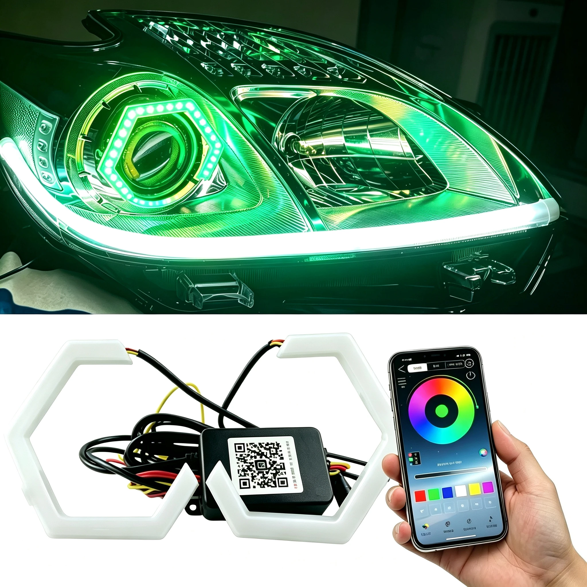 2PCS RGB Angel Eyes Hexagon Halo Rings Lights with Turn Signal Light APP Bluetooth LED Motorcycle Retrofit DRL Car Headlight 12V