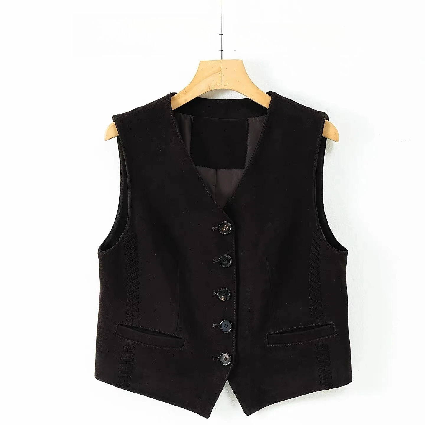 Retro Suede Leather 100% Sheepskin Top Clothing for Women Genuine Leather Vest Short Style British V Collar Layered