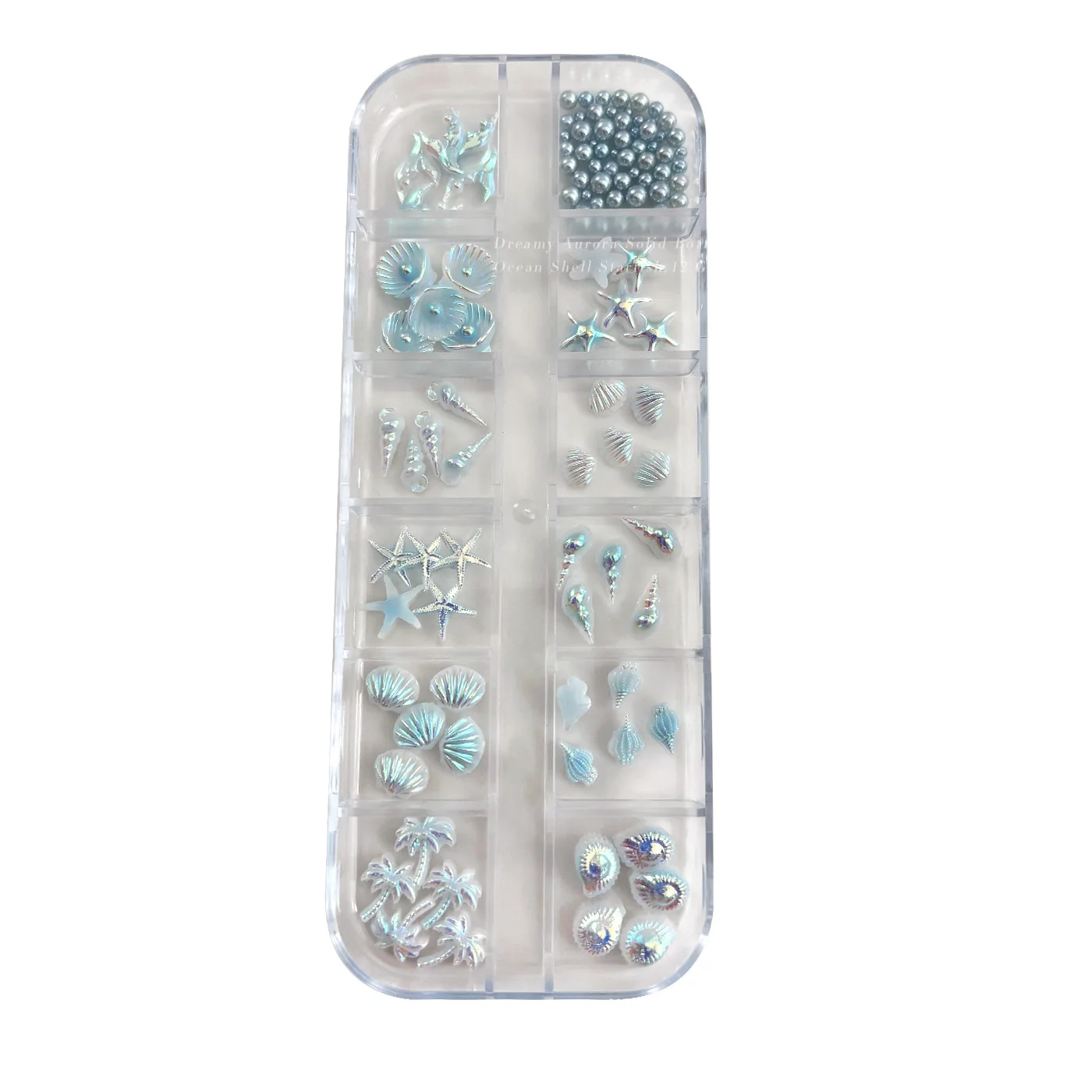 12 Grids Aurora AB White Blue Starfish Shell Conch Coconut Tree Pearl Nail Rhinestones Decorations Manicure Ocean Life Charms view 5
