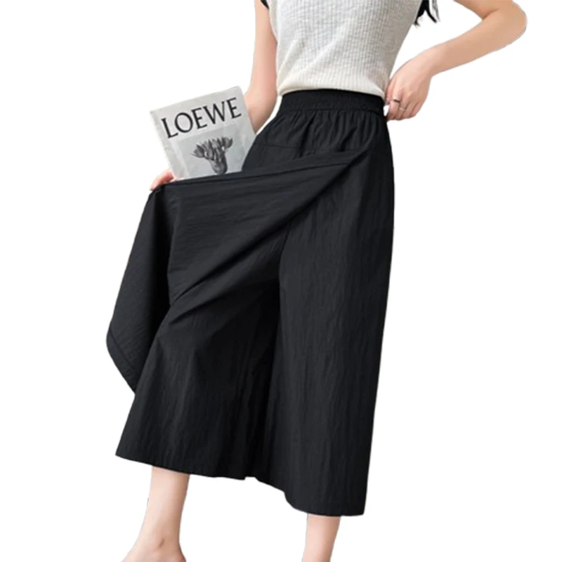 Korean-style Women's Elegant Pants Skirt Casual Comfortable Wide-Leg Pants Skirt Loose Elastic Waist 8-Part Pants