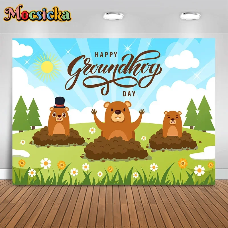 

Mocsicka Groundhog Day Happy Party Photography Backdrop Grass Background Customisable Banner Kids Happy Birthday Photo Prop