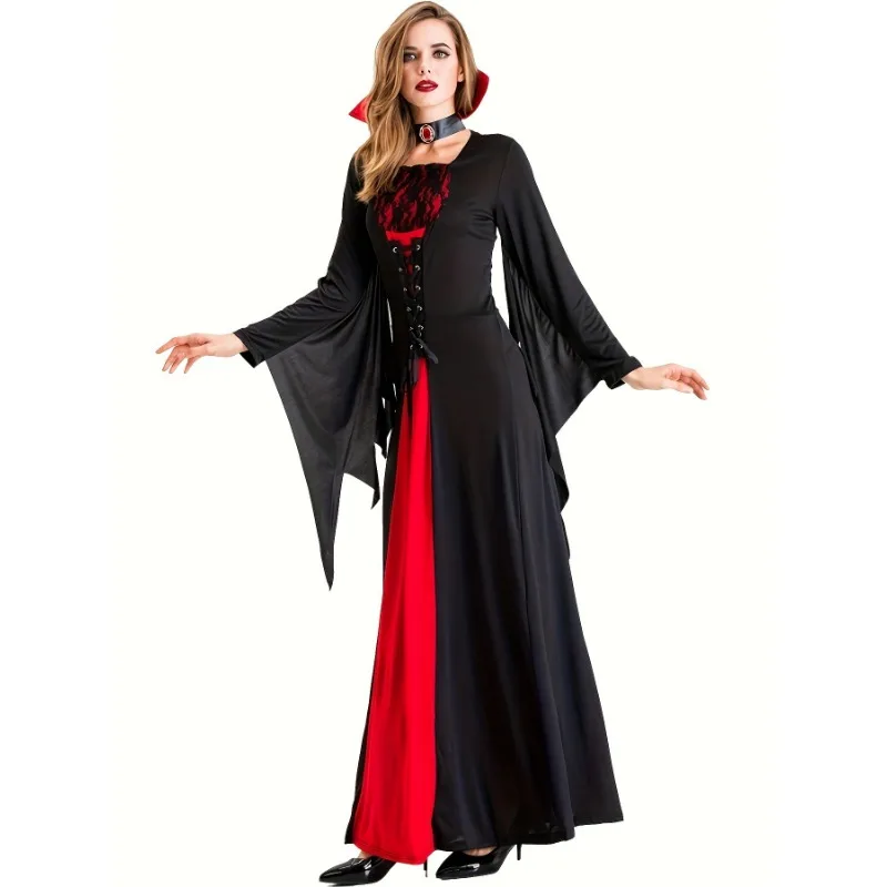 زي تأثيري مصاص دماء للنساء ، فستان القرون الوسطى ، الدانتيل متابعة ، Twinset فو ، أكمام طويلة ، حفلة كرنفال هالوين