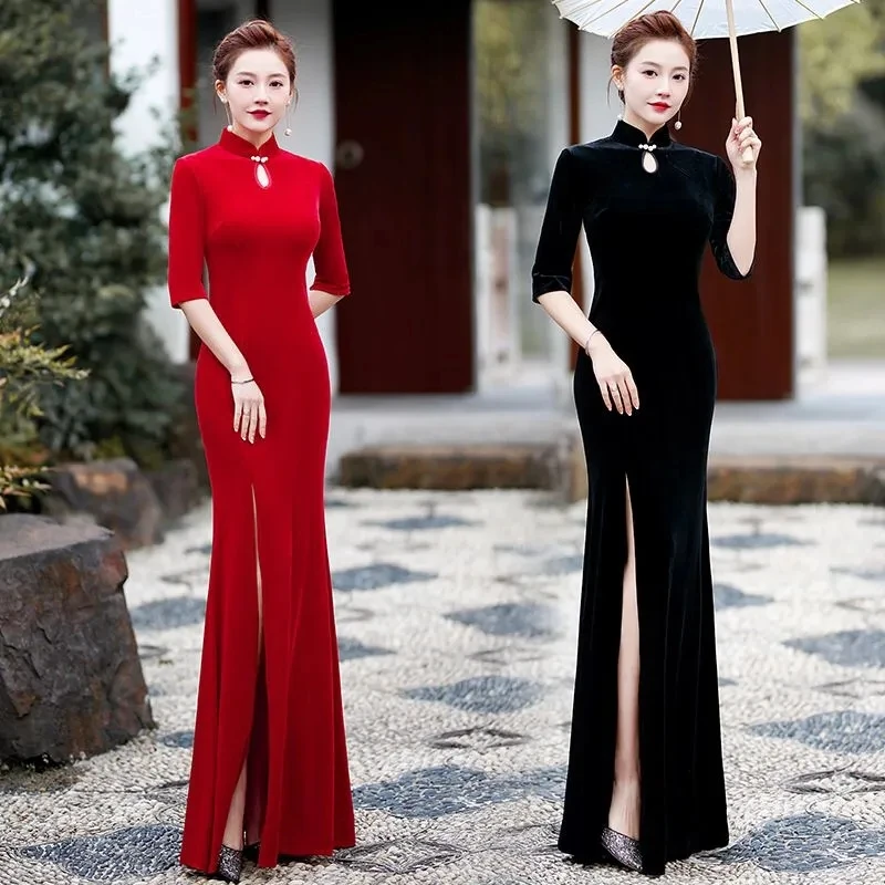 

SpringHigh End Golden Velvet Cheongsam Dress Stage Runway Show Performance Costumes Party Dresses Women Sexy Evening Long Dress