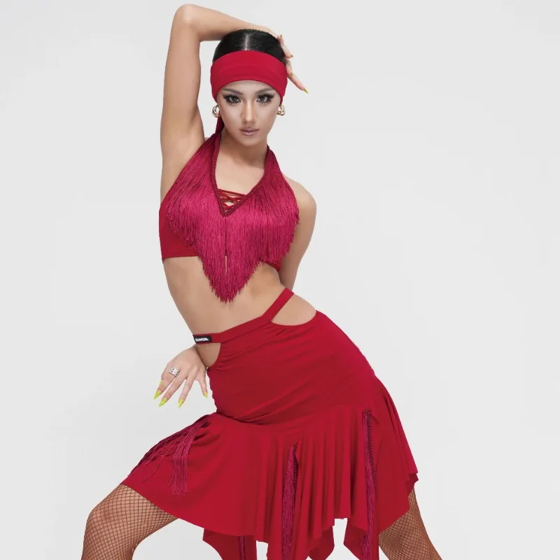Vestido de dança latina personalizado feminino design pescoço pendurado borla conjunto vestito latino americano donna chaussure dança latina femme