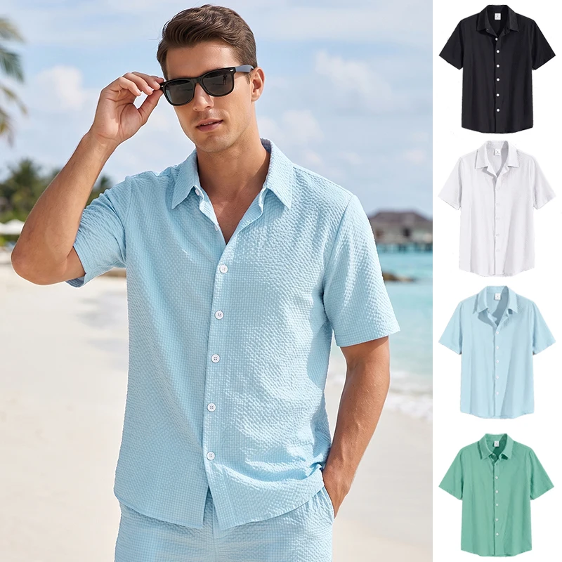 Mens Seersucker Beach Shirts Summer Casual Hawaiian Shirt Short Sleeve Button Down T-Shirts Tee Tops Lightweight Quick Dry