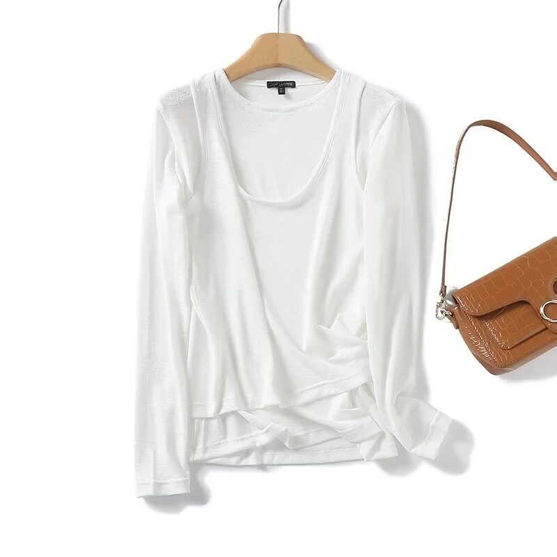 

Jenny&Dave Nordic Minimalism Fake Two Pieces Sets Tshirts Women Tops Fashion Ladies Long Sleeve Shirt Women