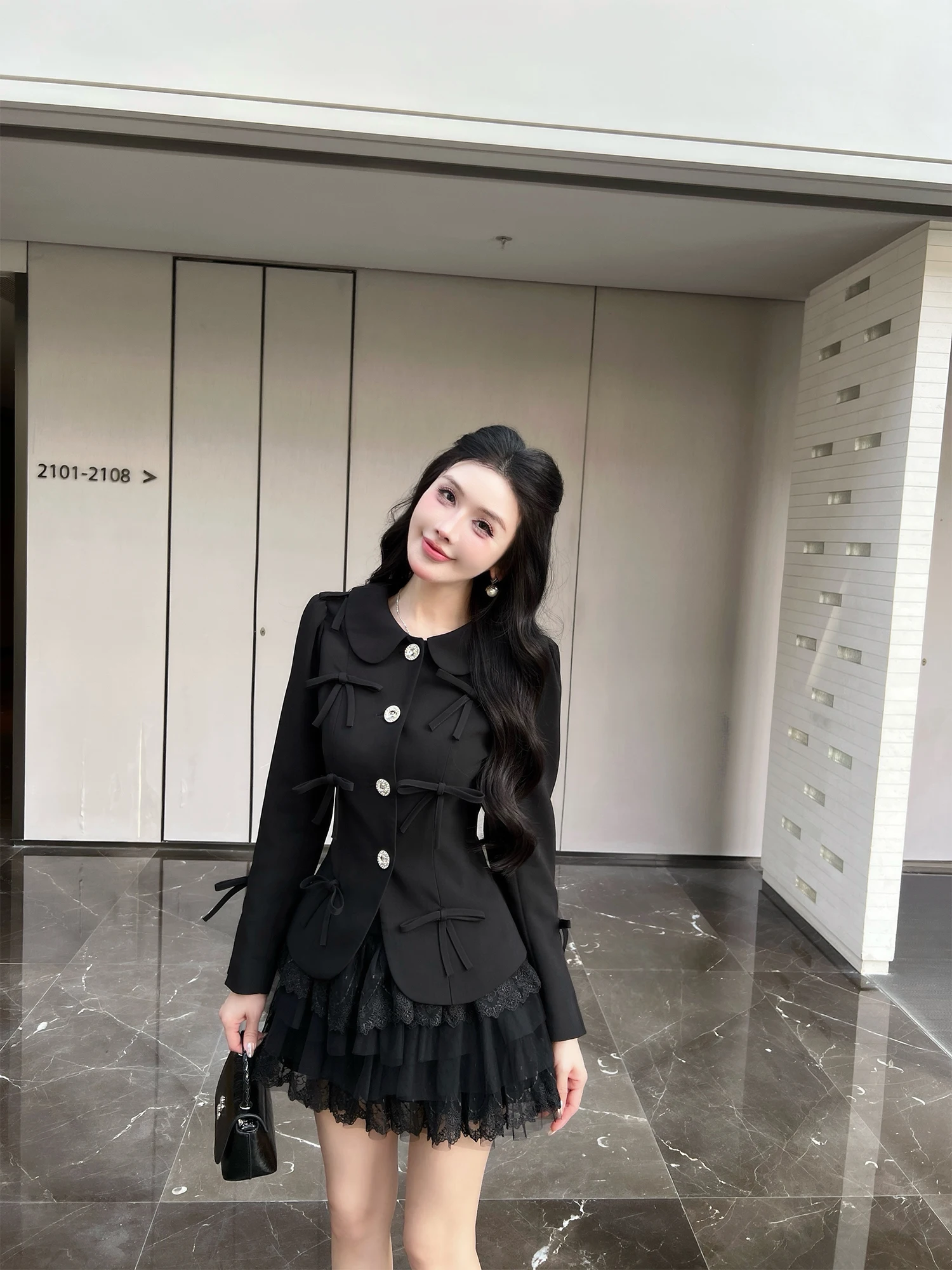 Sweet Cool Sle Doll Collar ort Jaet  Knot Decoration Rhinestone Button Ladies First L358 Women's Faion Oute...