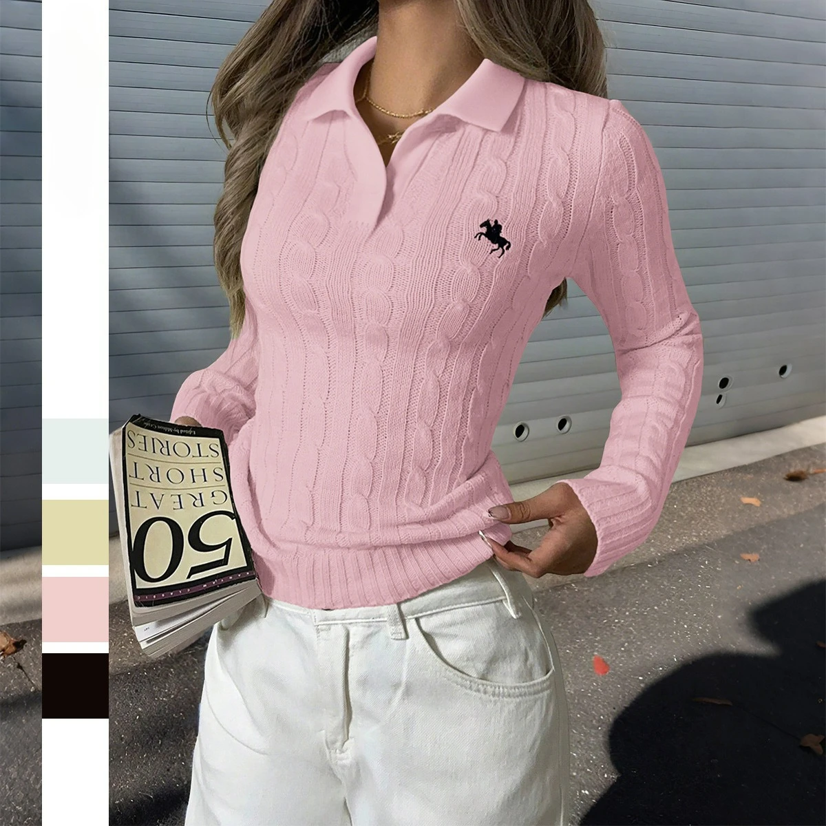 여성용 긴 소매 울 스웨터 단색 캐주얼 패션 허리 타이트 칼라 니트 탑 폴로