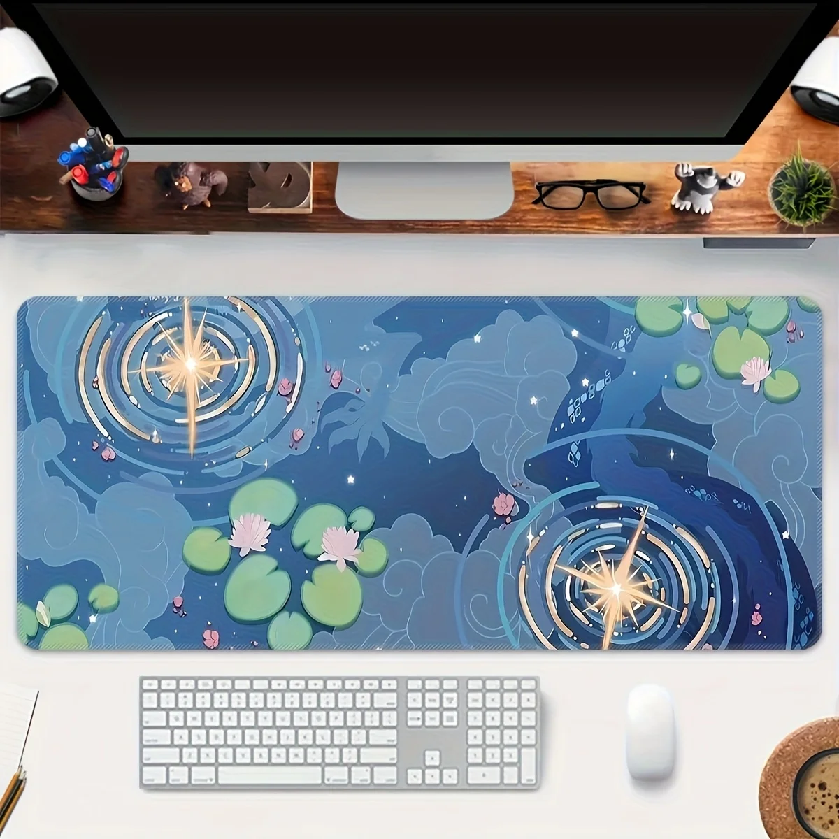 Extra Large Gaming Mouse Pad, Rubber Desk Mat, Blue Pond Design with Water Lilies Pattern, Suitable for Office and Esports