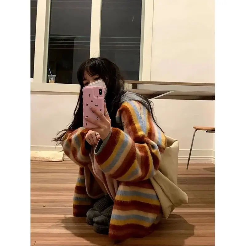 Korobov Vintage Orange Striped Sweater Coat Loose Lazy Chic Cardigan Female New V Neck Knitwears Harajuku Korean Fashion Y2k Top