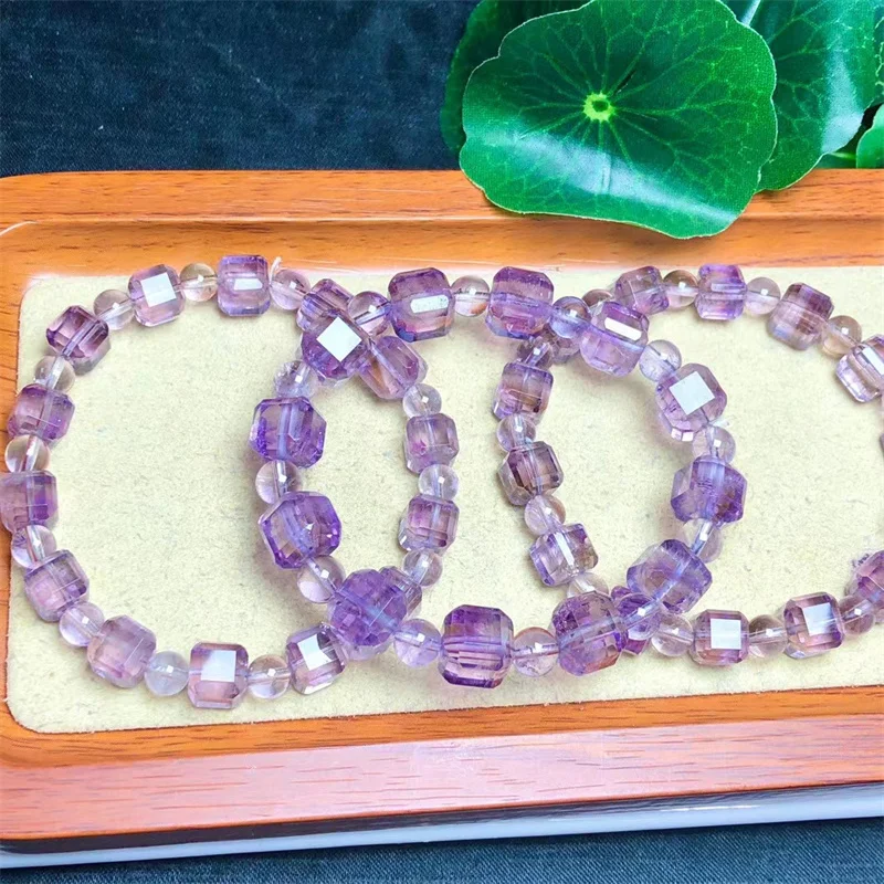 

10MM Natural Amethyst Cube Bracelet Crystal Women Fashion Jewelry Single Circle Elastic Rope Gifts 1PCS