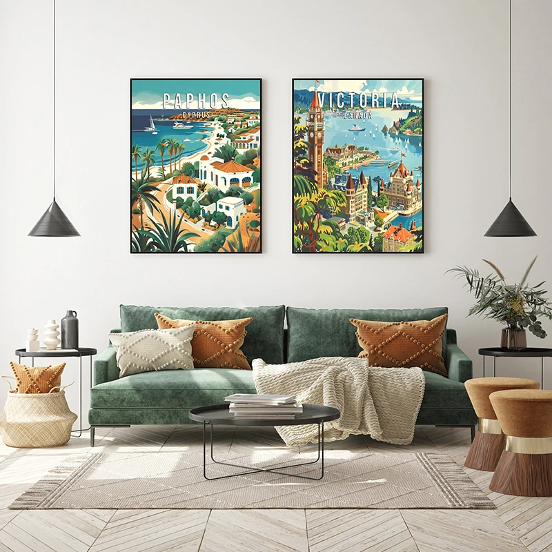 مشهد المدينة الساحلية الشهيرة كولومبيا نيوزيلندا العمارة الرجعية الملصقات قماش لوحات جدار الفن HD صور ديكور المنزل