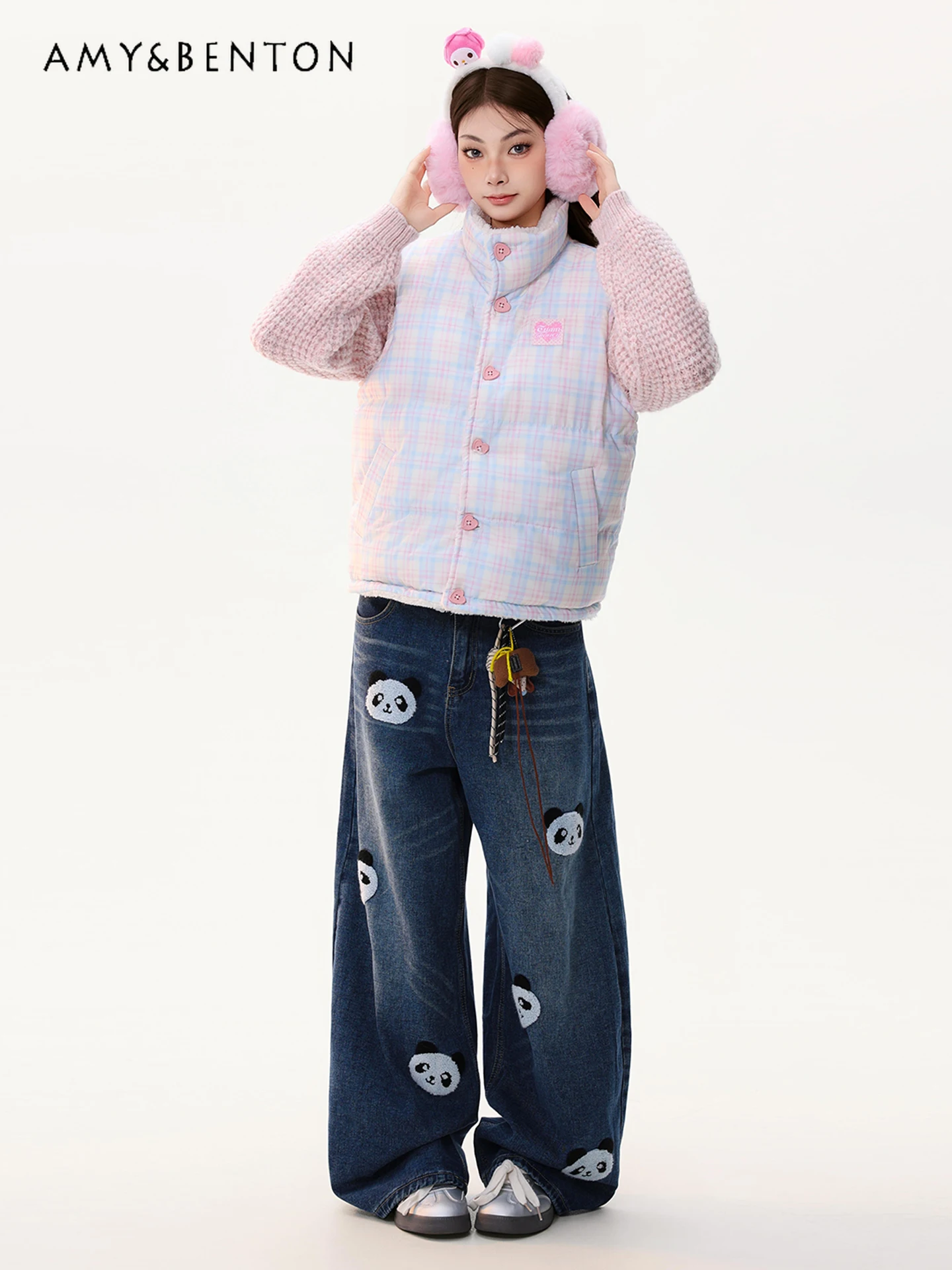 

Autumn and Winter New American Retro Blue Plaid Stand-up Collar Stacked Vest Women's Reversible Soft Lamb Wool Jacket