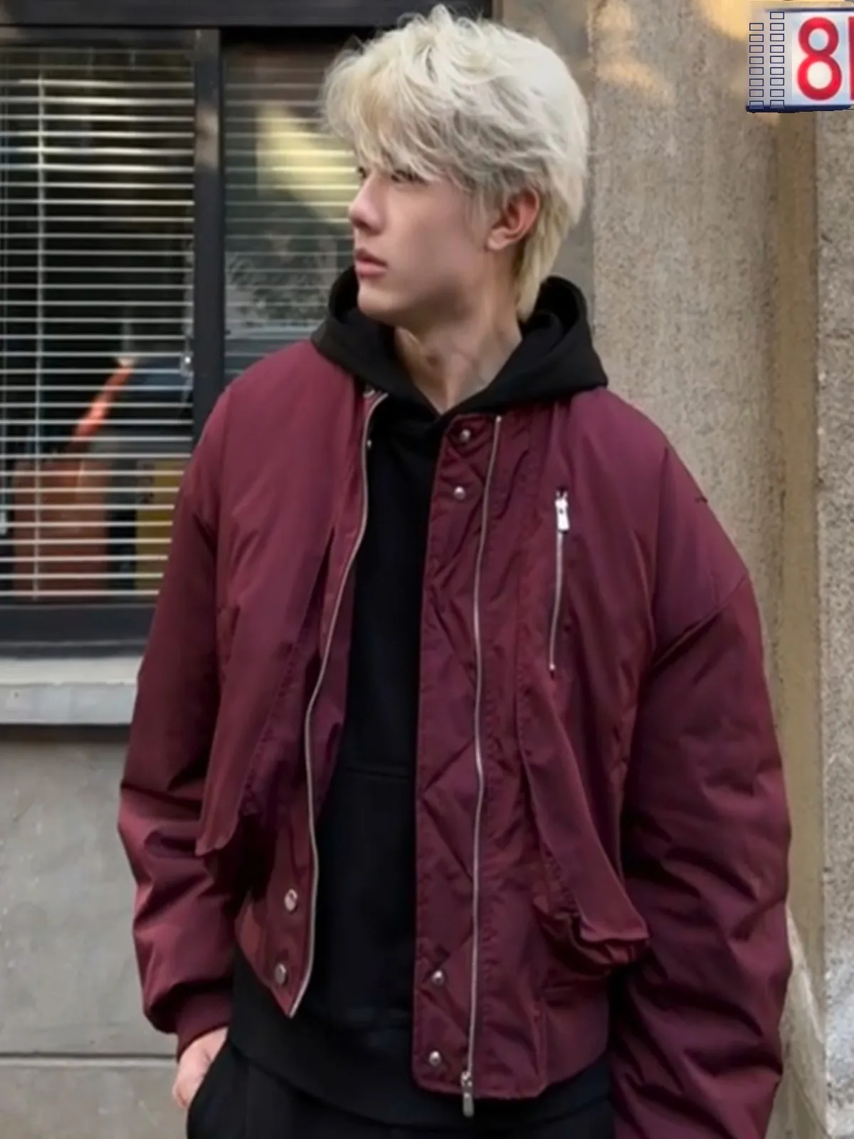 

Куртка-бомбер мужская зимняя утепленная из хлопка и полиэстера, короткая, в американском стиле, цвета красного вина