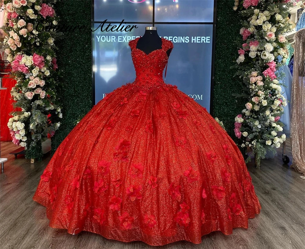 

Shiny Red Mexican 15 Years Quinceanera Dress Beads 3D Flower Applique Backless Ball Gown Birthday vestidos de xv años Customized