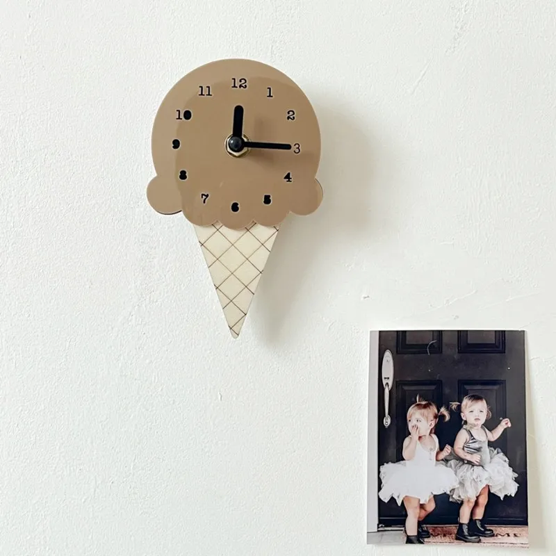 INS Nordic Wooden Ice Cream Wall Clock Wood Silent Mute Clocks Kids Room Decoration Ornament Nursery Decor Furniture Photo Props