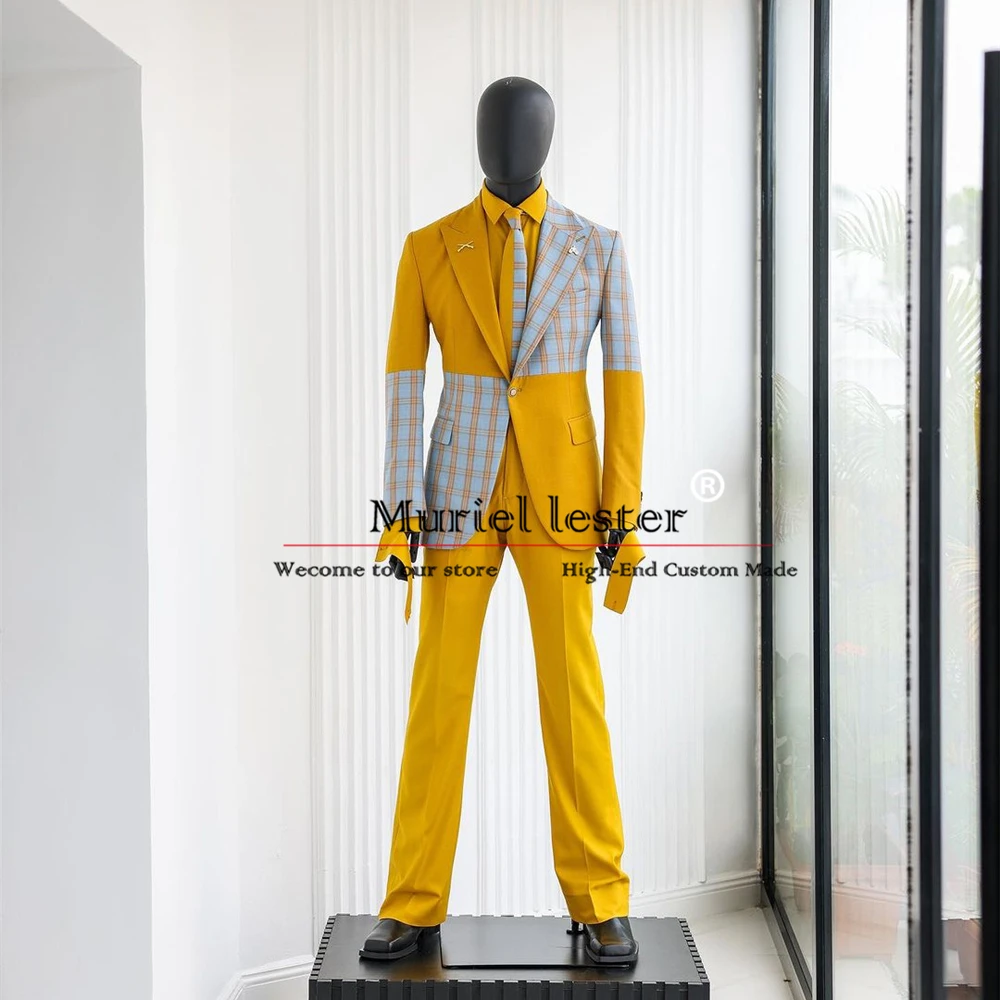 

Male Fashion Broken Tartan Check Suits Men Single Breasted Jacket Tie Pants 3 Pieces Groom Tuxedos Yellow Spliced Prom Blazers