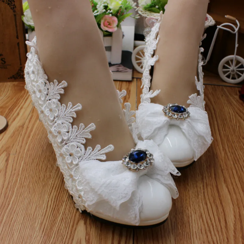 Party Women Pumps PU Lace  3 5 8 CM Thin Heels White Bow High Heels Wedding Bride Decoration Gemstone Lace Woman Shoe