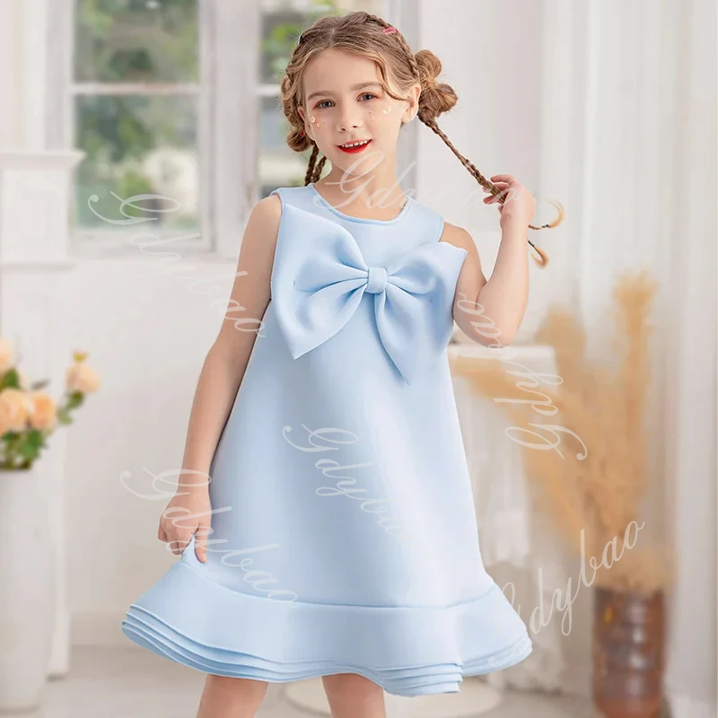 Sky Blue Princess Dress 2025 New Holiday Girls Super Bow Flower Girl Dress Kids Above Knee Length Birthday Wedding Party Gowns