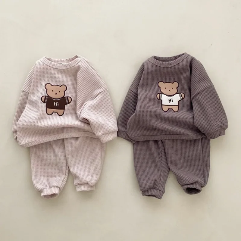 Autumn Spring Baby Boys Girls Clothes Sets Infant Bear Cartoon Pullover Top and Pant 2 Pieces Suit Kid Cotton Sweatshirt Outfits