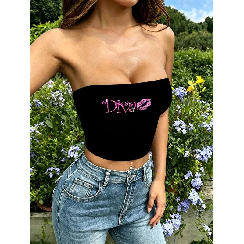 Pink Sequin Printed goddess Lettering Lip Print Black Curved Strapless Short-Sleeved Top