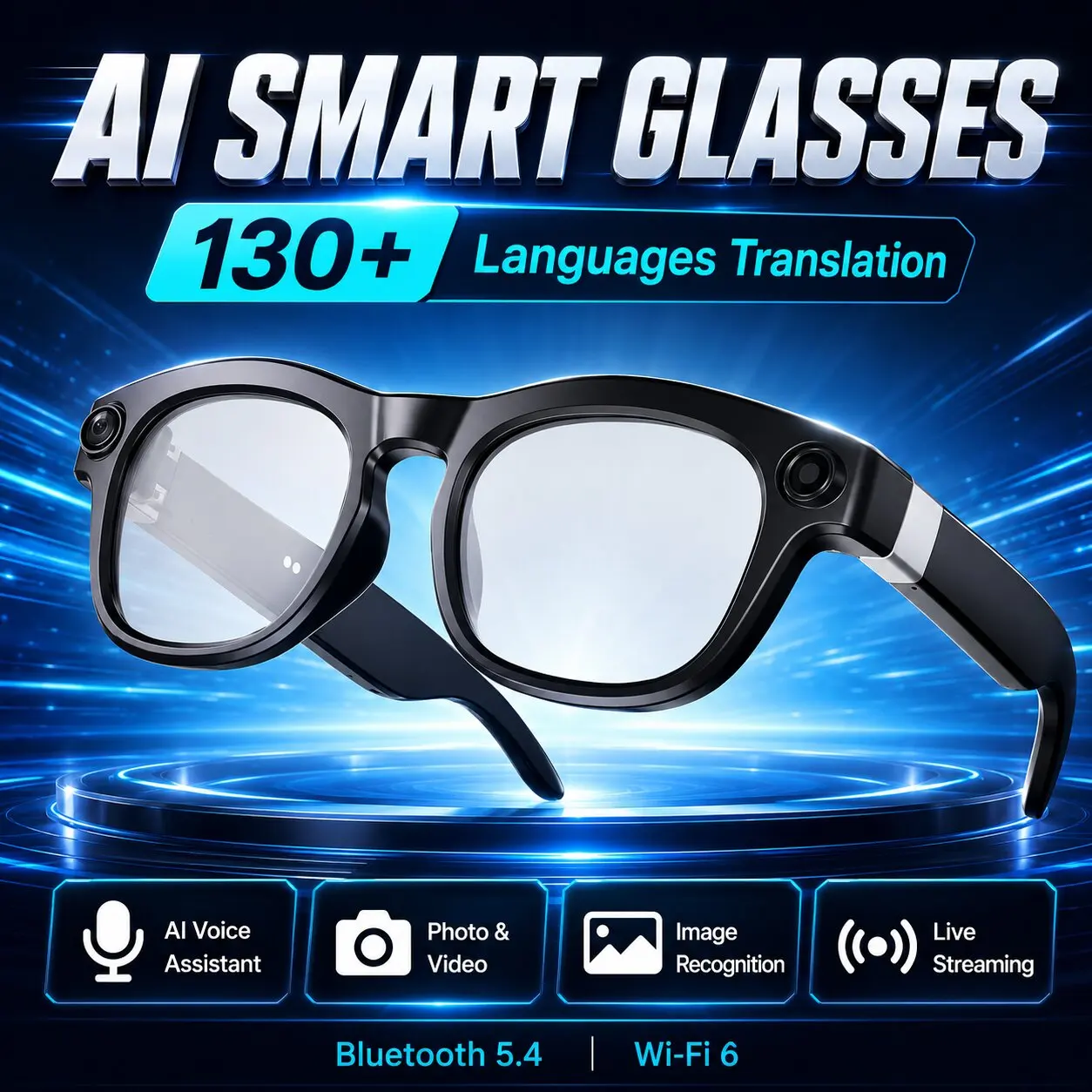 AI 800w Smart Glasses with Camera, 130+ Languages Translation, Bluetooth 5.4, WiFi 6, Voice Assistant & Live Streaming
