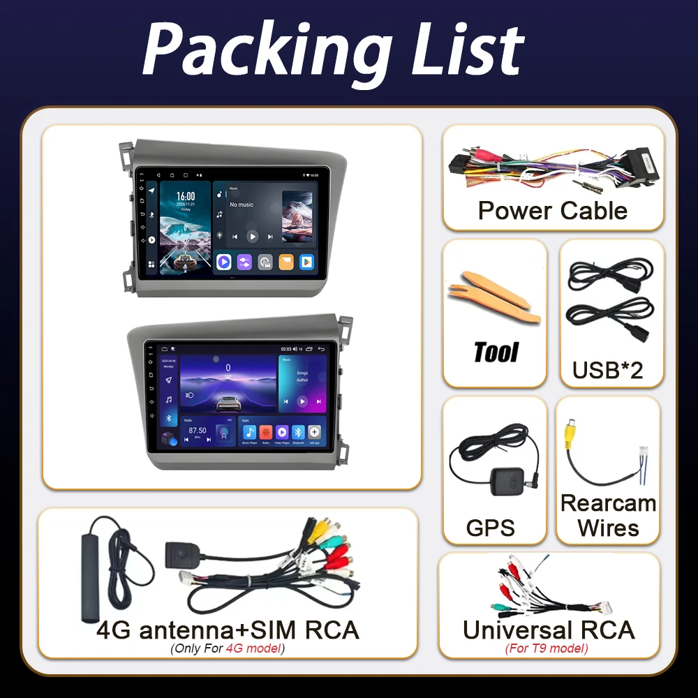 Android 16 For Honda Civic 9 FB FK FD 2012 2013 2014 2015 Car Multimedia Radio BT Wireless Carplay 2K QLED Screen 4G GPS 5G WIFI