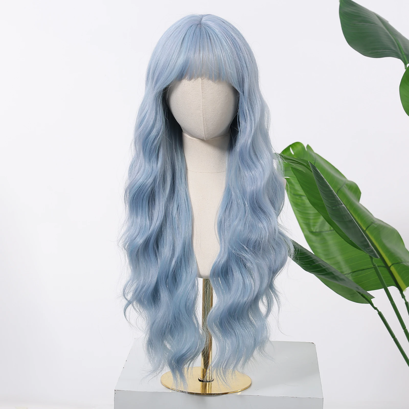 Allbell Magique Blaue Haarperücke mit Pony, lange gewellte synthetische Perücke, babyblaue lockige Perücke für Frauen, täglicher Partygebrauch, hitzebeständig – Detail 7