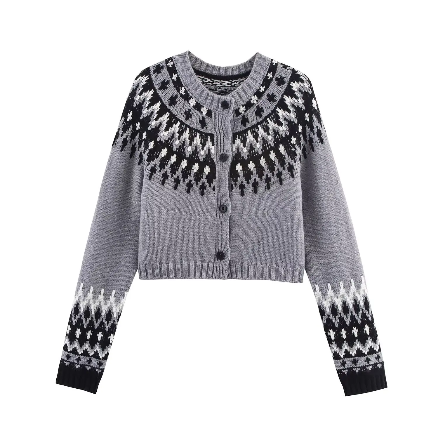 

European and American early autumn simple jacquard and age-reducing girl-style short knitted sweater cardigan jacket