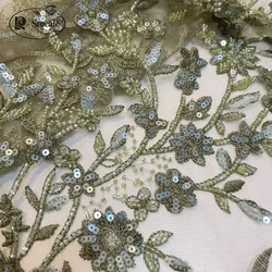 Lace Fabric for DIY Sewing, Elegant Flowers Lace, Wedding Dress Material, Sequin, Beaded 3D, Army Green, New RS24439