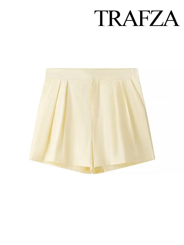 TRAFZA Women's Summer Fashion High Waist Yellow Cotton and Linen Loose Street Shorts Zipper Fly Women's Pleated Casual Shorts