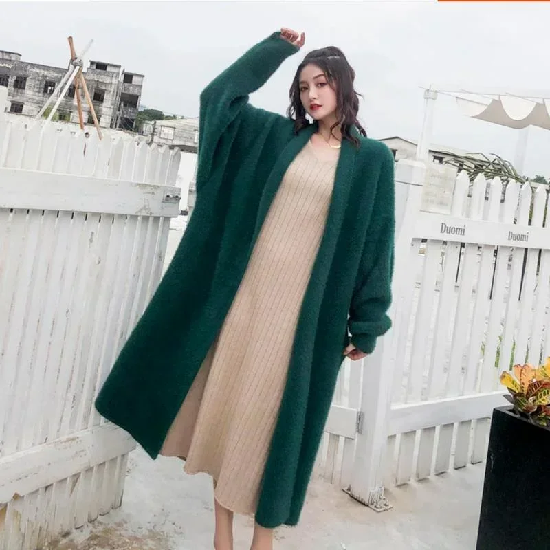 Autumn Winter Women Cashmere Long Cardigan Fashion Loose Casual Oversized Sweaters Green Jacket Soft Wool Warm Knitted Coats