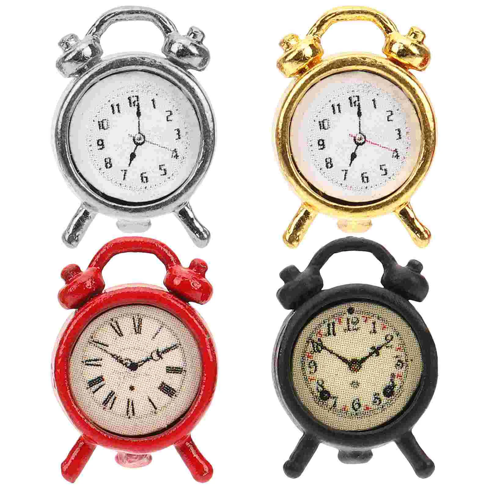 4-teiliges Mini-Uhr-Modell, winzige Wecker, Ornament-Zubehör, Miniatur-Spielzeug, Legierung, Schlafzimmer-Zubehör, Mikro-Dekore, Alarme