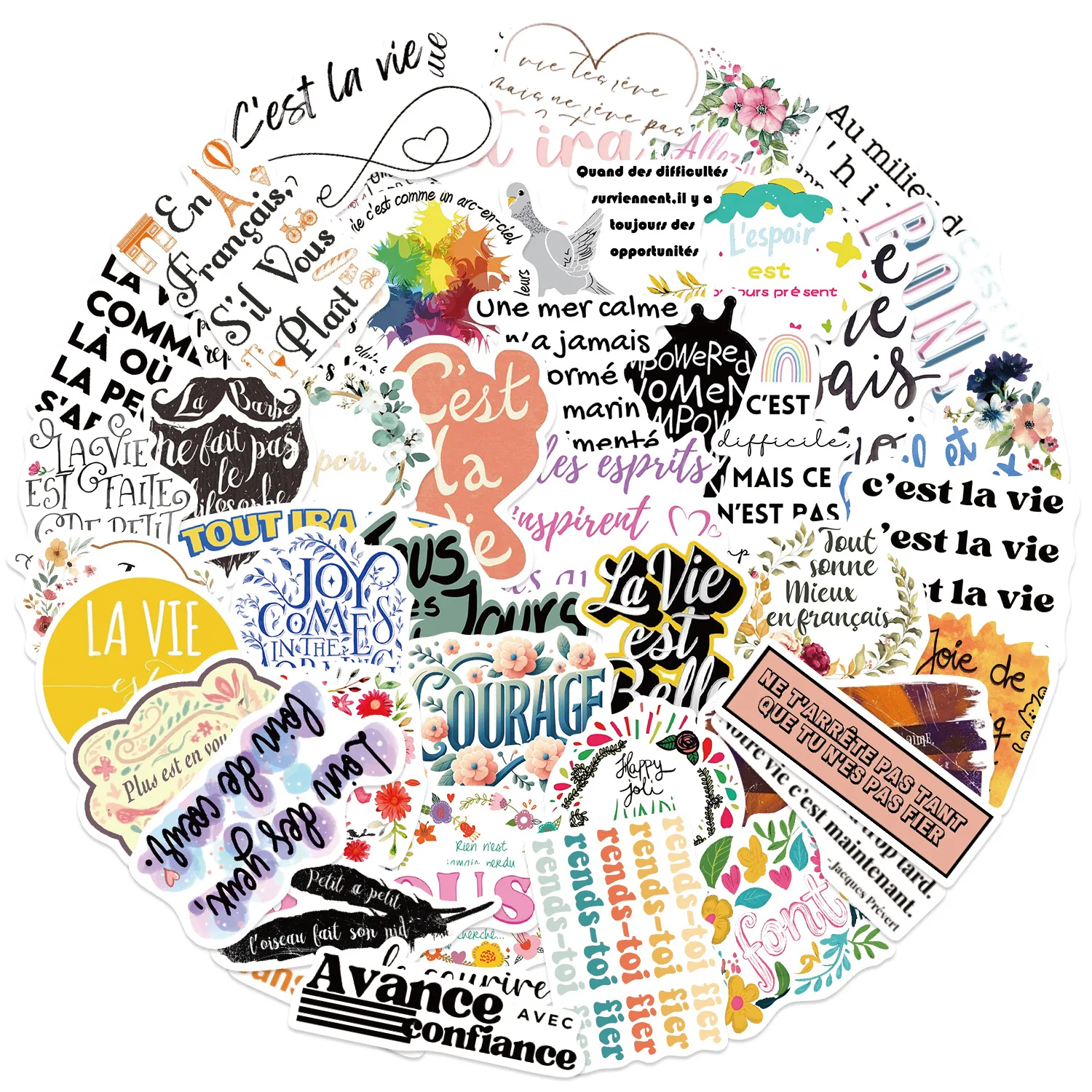 50 Uds. Pegatinas de dibujos animados con frases francesas, decoración de Graffiti inspiradora, juguetes DIY, maleta, nevera, portátil, guitarra, coche, bicicleta, calcomanías
