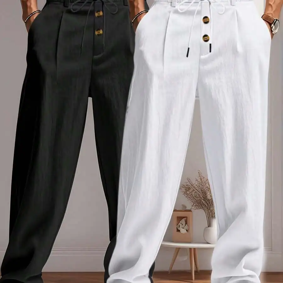 2pcs Mens Lightweight Linen Straight Leg Pants Casual Beach Outdoor Wear