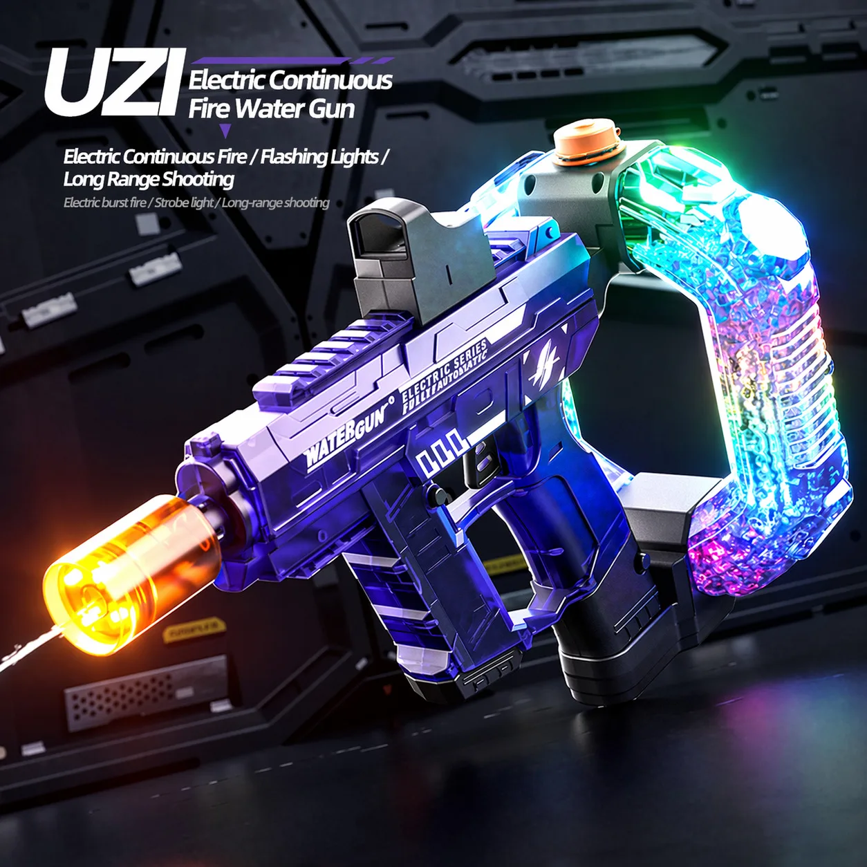 UZI Electric Water Gun with Colorful Flow Flash Lights Sound Effects Water Blaster Toy for Kids Summer Pool Beach Outdoor Play