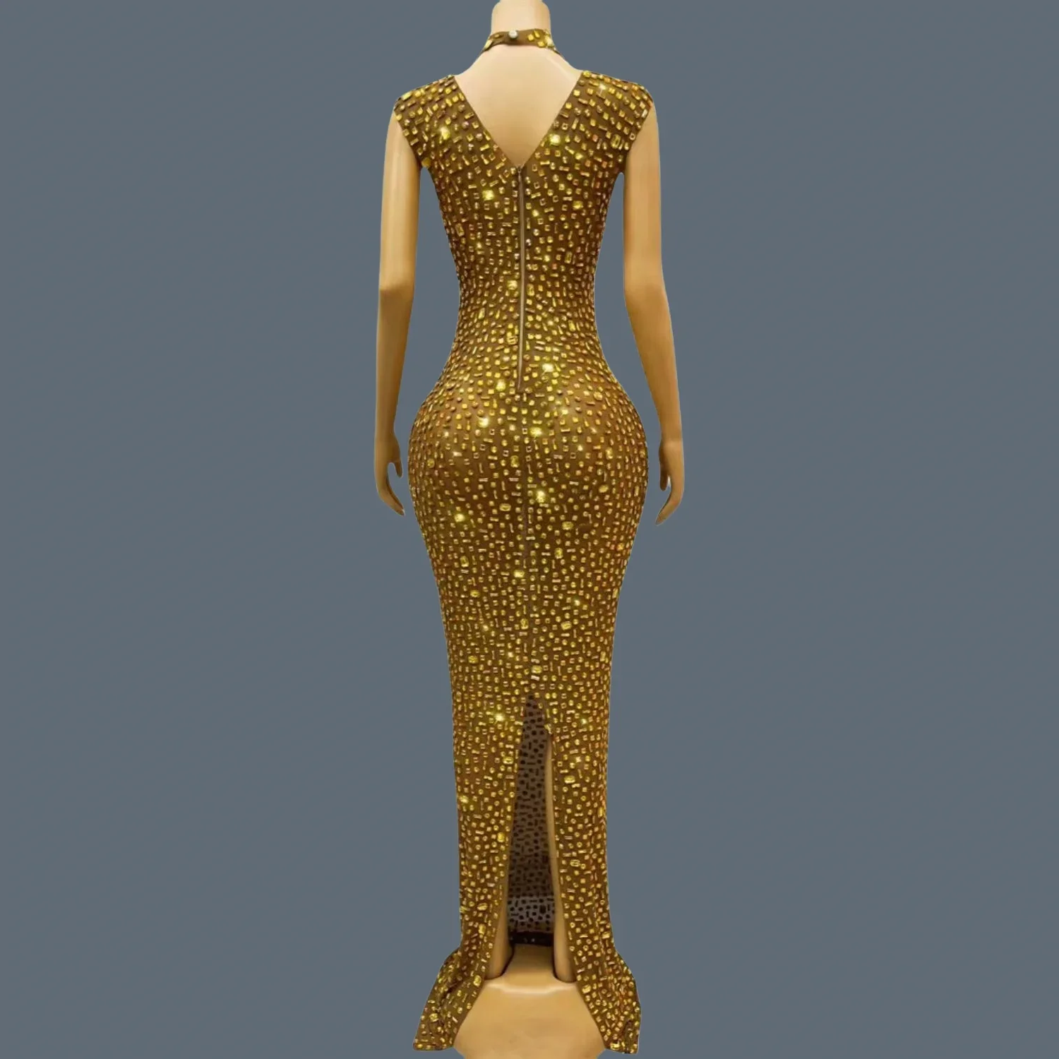 Gold Birthday Dress Concert show outfit Celebrate Long Dress  Luxury Gown Cocktail Party  Sheer Mesh Evening Dress