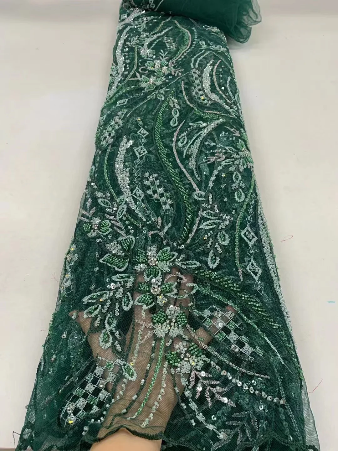 

Latest African Laces 2023 green High Quality Beaded Mesh Fabric Fashionable Tulle Embroidery French Net Lace with Sequins