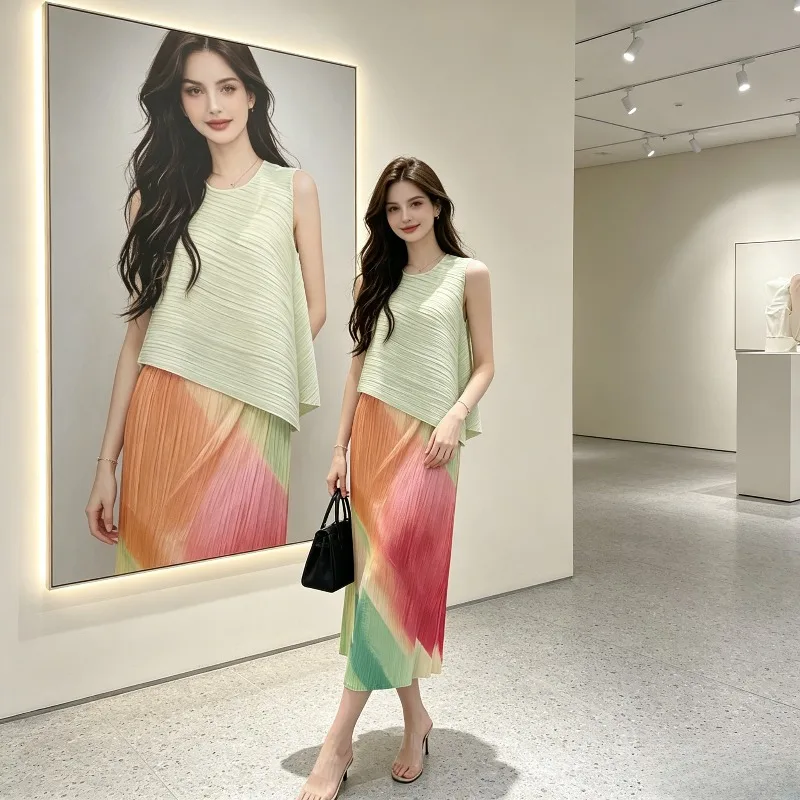 

Плиссированная юбка Miyake для женщин, новинка 2026 года, радужная, высококачественная, свободного кроя, модная, с градиентным дизайном, креативная, плиссированная, повседневная, элегантная юбка