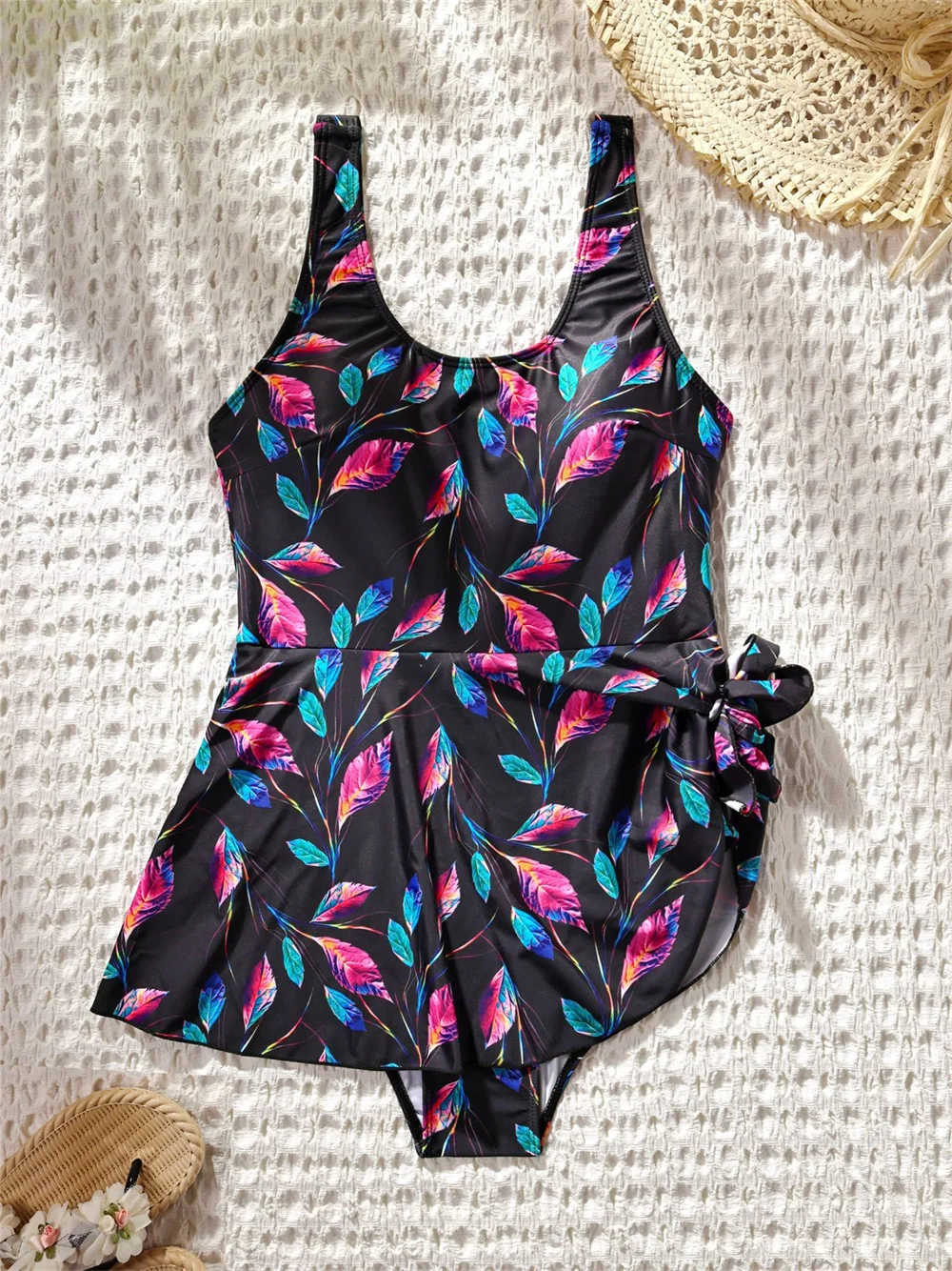 Multicolor Leaf Print Bikini Knotted Pleated Dress Swimsuit Women 1 Piece Holiday Swimwear Beach Outfit Bathing Suit Bikinis Set