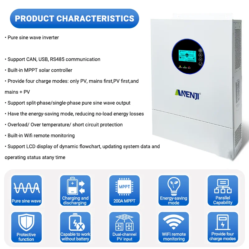 ANENJI Split-phase 120V/240V 12KW Hybrid Solar Inverter Pure Sine Wave Built-in 200a MPPT Solar Charge Controller With CT Sensor view 2