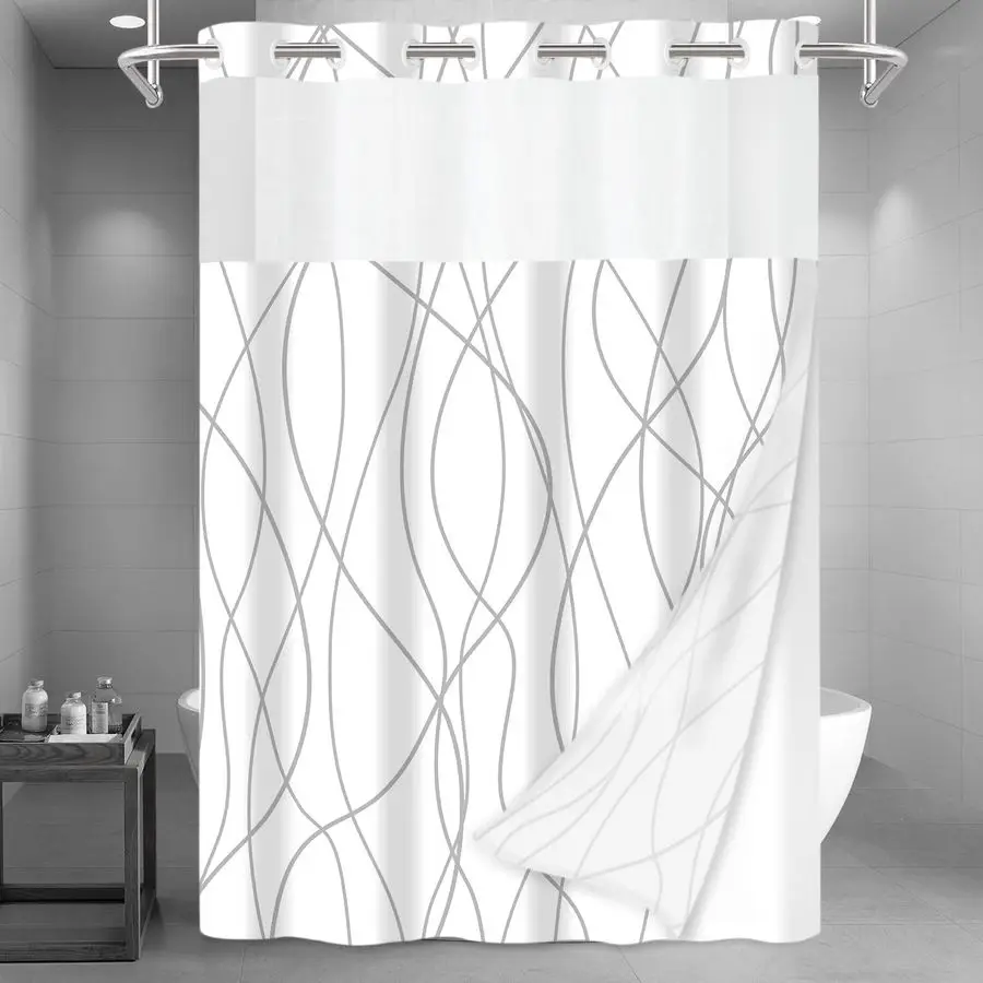 

Hook Grey White Striped Long Shower Curtain with Snap in Liner Set Hotel Shower Curtain and Liner Set with See Through Mesh Top