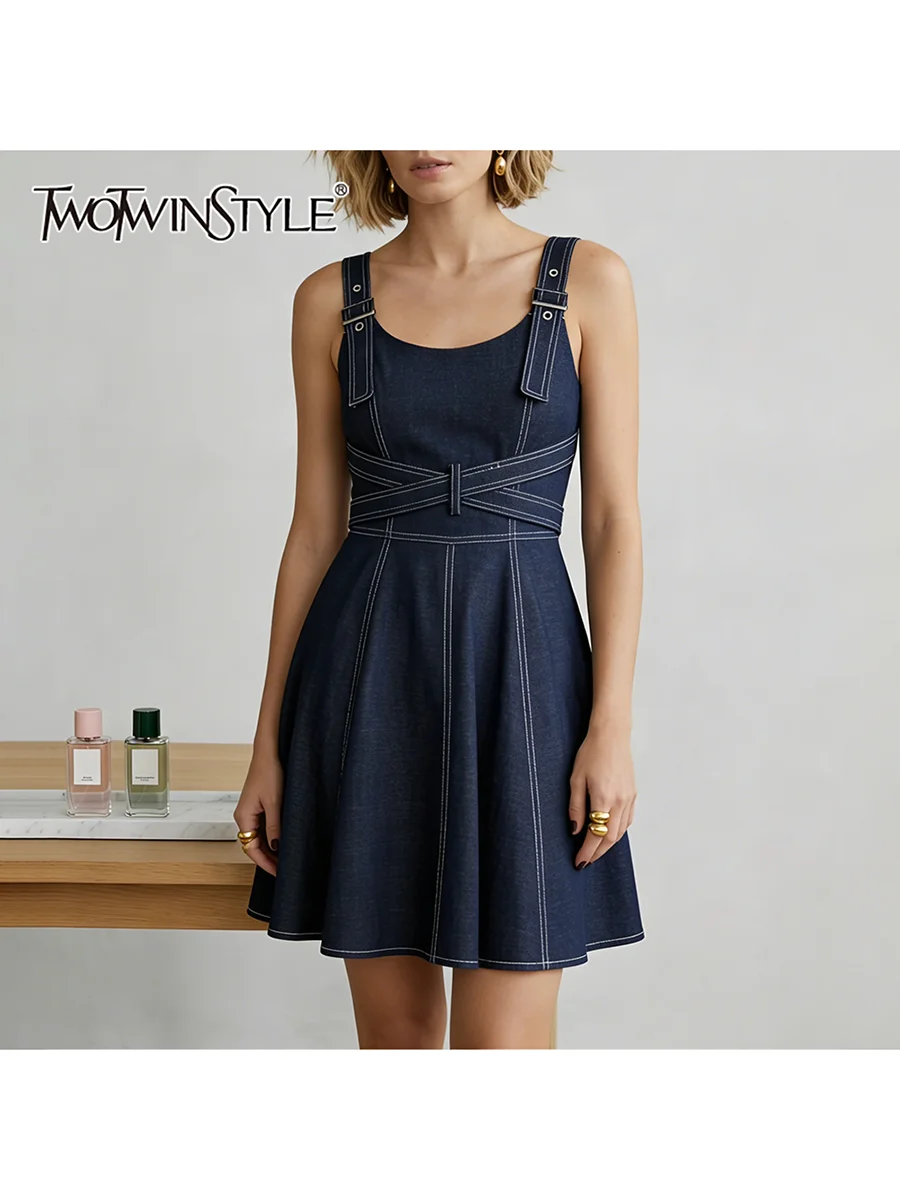 TWOTWINSTYLE Temperament Spliced Metal Buckle Dresses for Women Square Collar Sleeveless High Waist Slimming A Line Dress Female