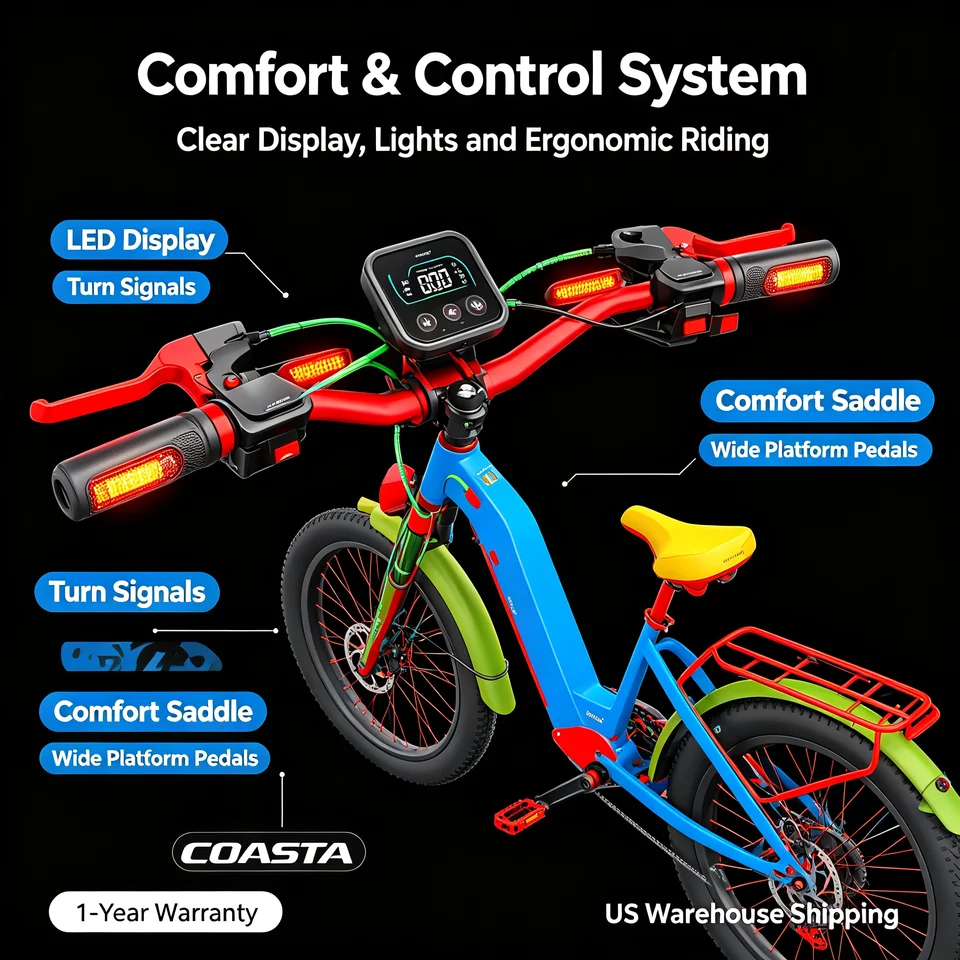 COASTA CT2 26 Inch Dual‑Drive Snow Fat Tire Electric Bike for Adult 155‑190cm Rider,6000W Motor,52V 25Ah Battery,65KM Max Range,Hydraulic Oil Brake,Shimano 7‑Speed,Adjustable Front Fork,IP54 Waterproof,Max Load 180KG,APP&LED Display,UN38.3 UL Certified image 5