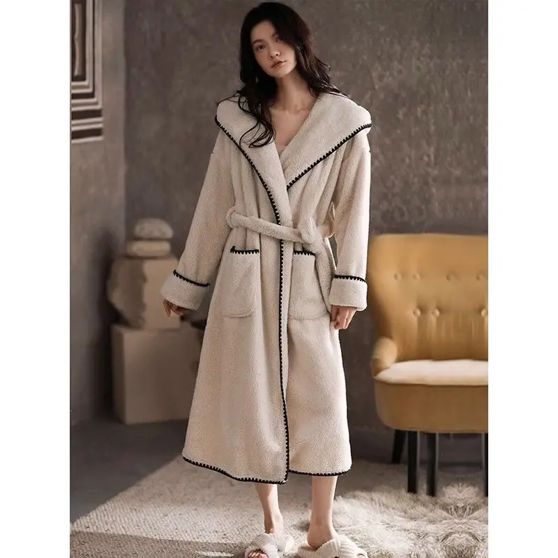 Women\'s Winter Fleece Bathrobe Hooded Warm Thick Ladies Dressing Gown Long Sleeve Pockets Flannel Sweet Bath Robe for Female